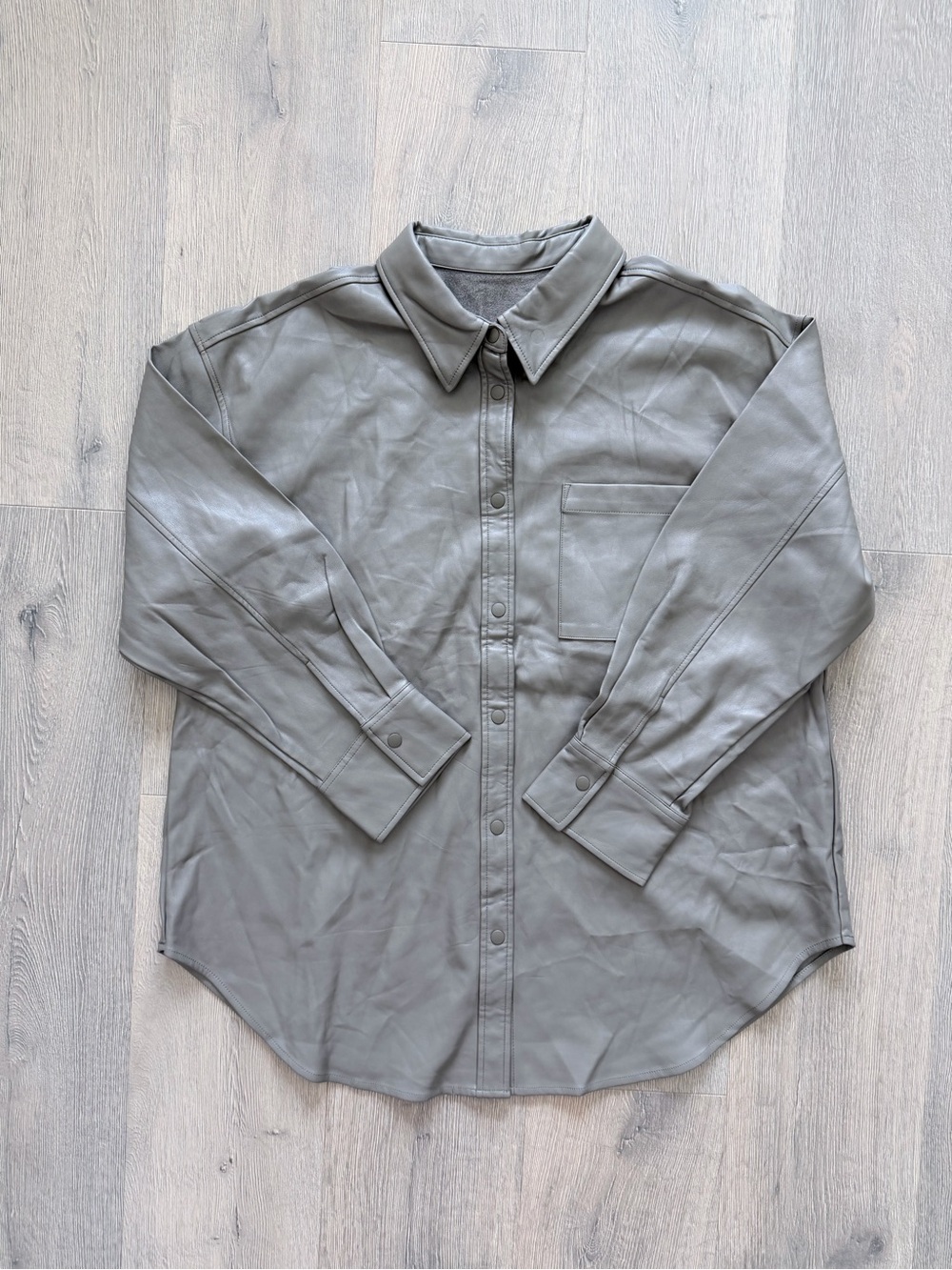 Sage Grey Faux Leather Oversized Button-Down Shacket Jacket 🪨✨
